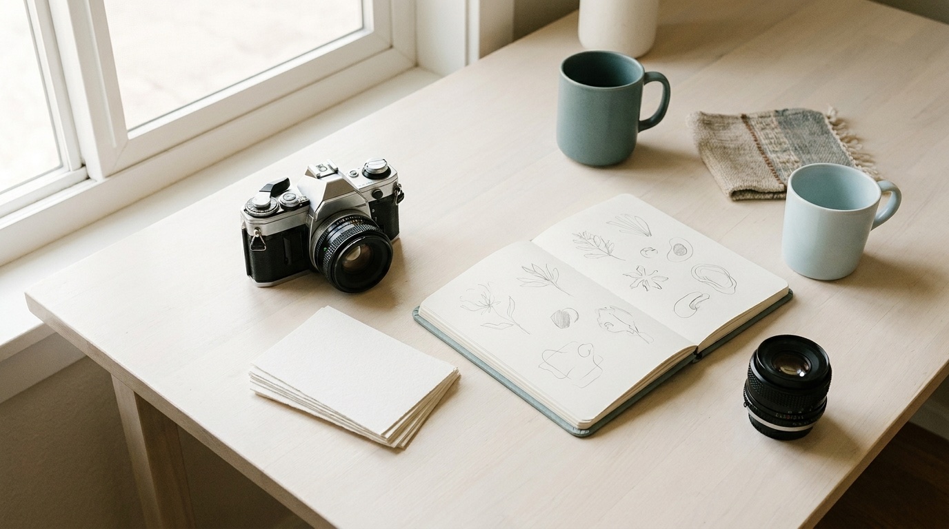 Schreibtisch mit Kamera, Objektiv, Skizzenbuch und Papierkarten im Tageslicht
