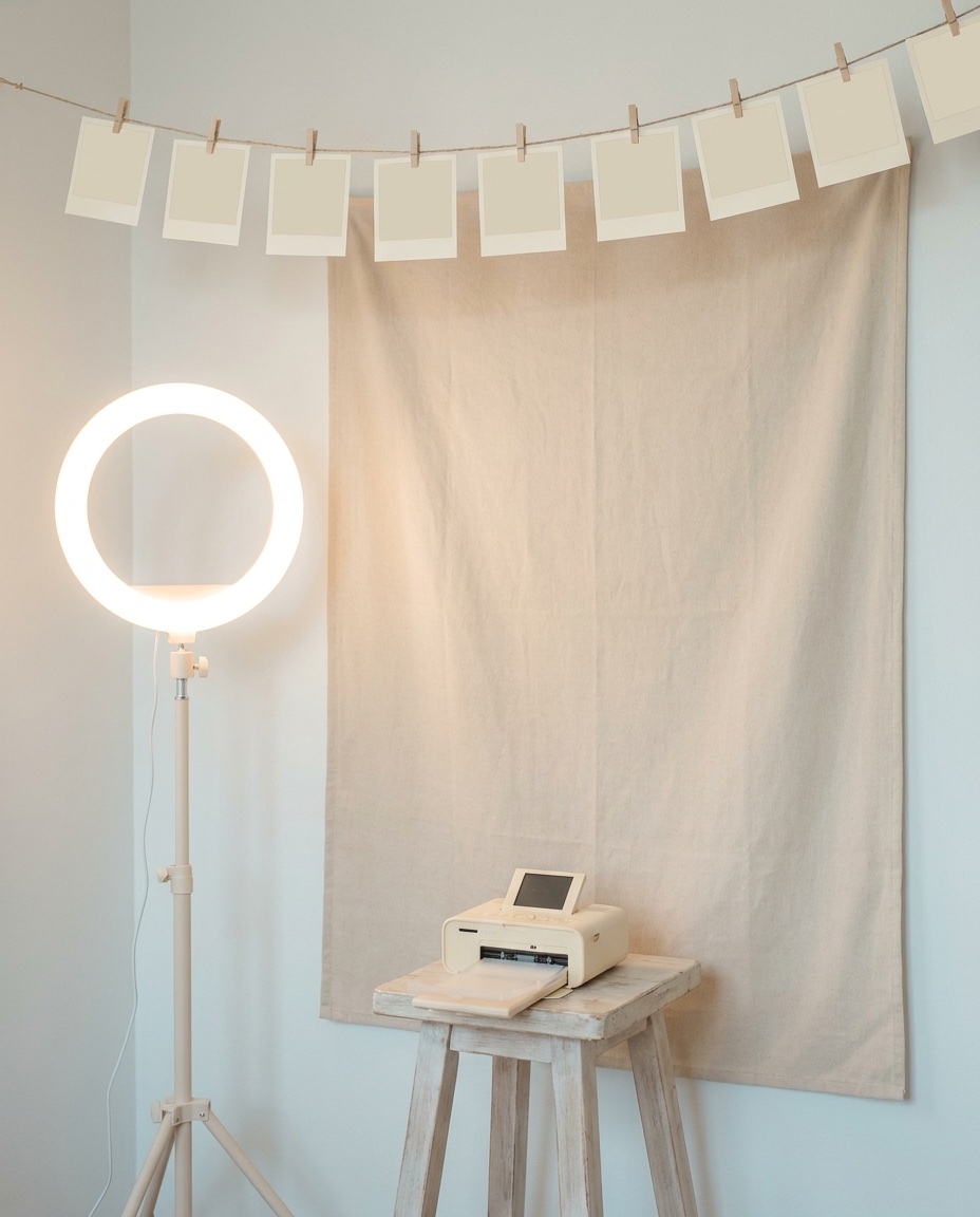 Eine aufgebaute Fotobox mit Ringlicht, Sofortdrucker und Bildern an der Leine